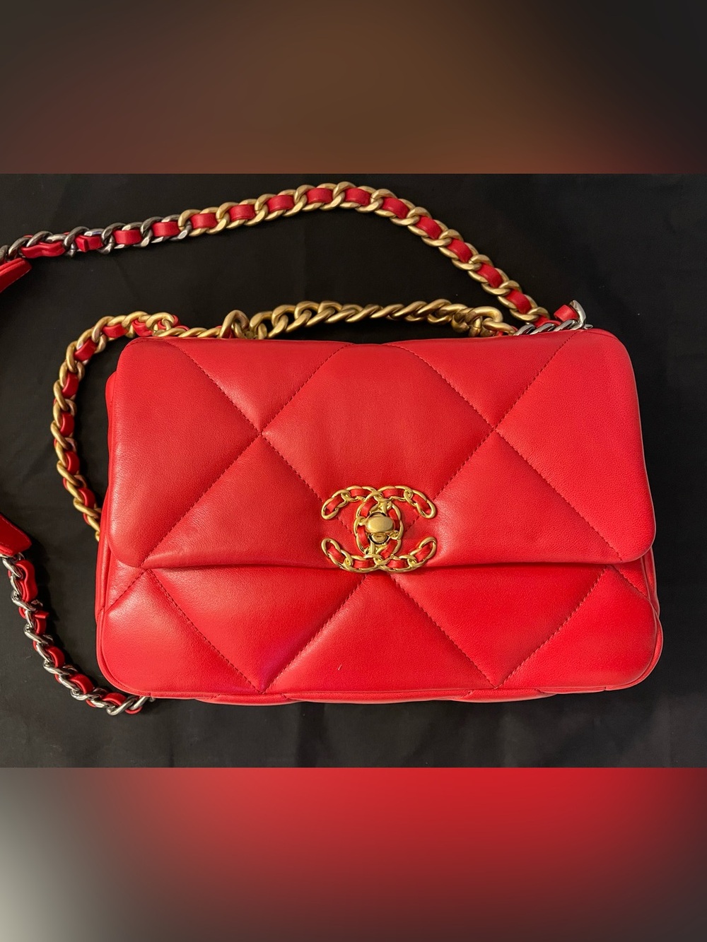 Chanel 19 Red Quilted Leather crossbody Bag with Gold Chain